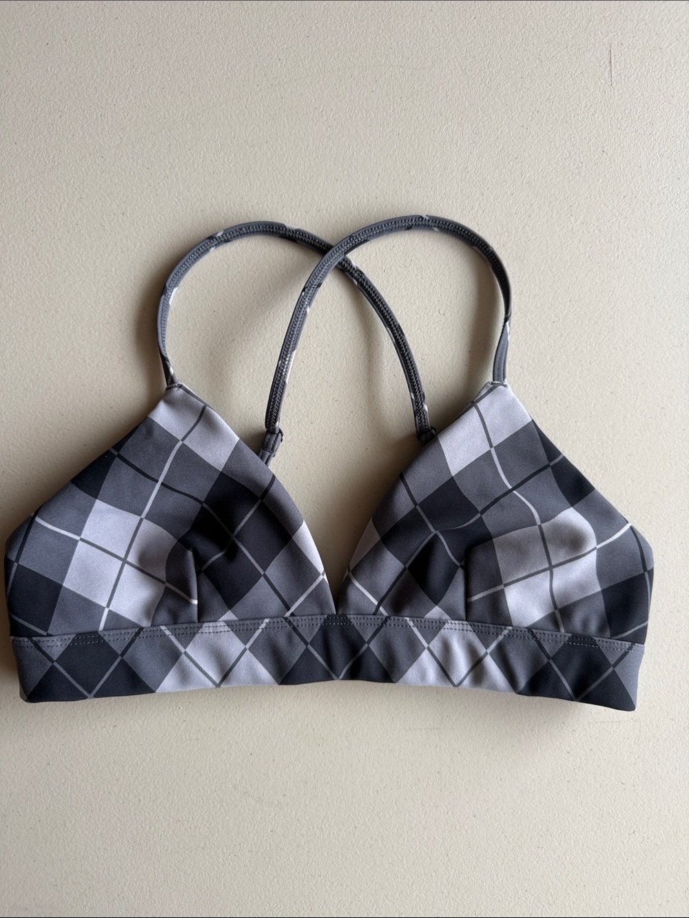 ALO Yoga Gray triangle Bra w/ Plaid print, adjustable straps